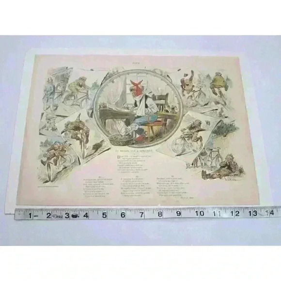Art Print Bicycle Cartoon JS Pughe Hub Sprocket Puck Magazine Antique 1897 - Picture 10 of 12